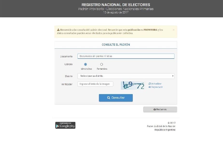 Está disponible el padrón provisorio de electores