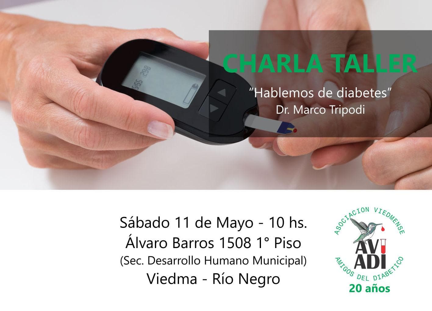 Habrá una charla taller gratuita de AViADi sobre: “Hablemos de Diabetes”