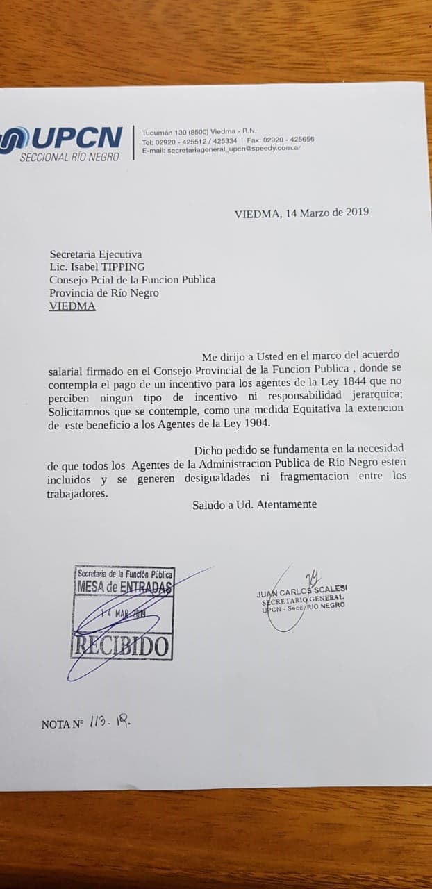 UPCN solicita extensión del incentivos que se dio a la ley 1844 para los agentes de la1904