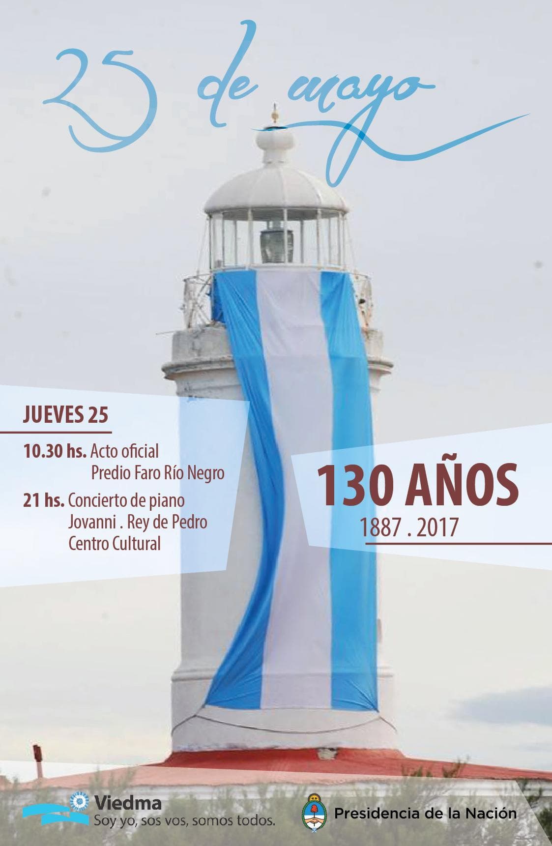 El acto por el 25 de Mayo se realizará en El Cóndor, día del 130º Aniversario de El Faro de Río Negro