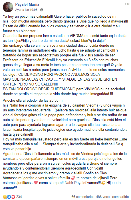 Habló en redes sociales la mama de la chica que intentaron secuestrar