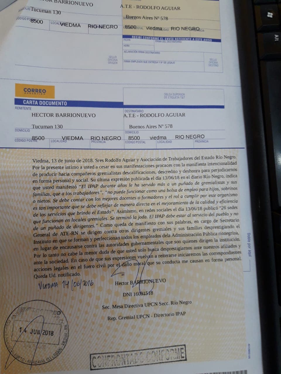 Carta documento de UPCN para Aguiar