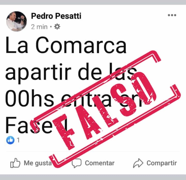 Falsa noticia circuló en grupos de WhatsApp que decía que se volvía a FASE 1 en Viedma por el caso positivo de Patagones