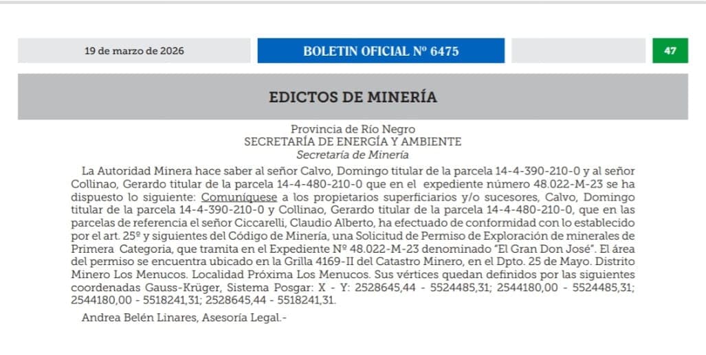 Vamos con Todos cuestiona a Weretilneck por avanzar con permisos mineros a Claudio Ciccarelli, en medio de denuncias por falta de transparencia y ocultamiento de información pública