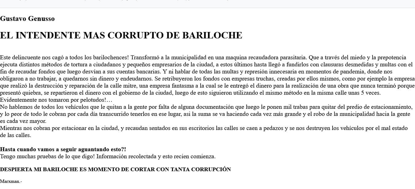 Hackearon la pagina del Municipio de Bariloche y dejaron un fuerte mensaje contra el Intendente Gustavo Gennuso