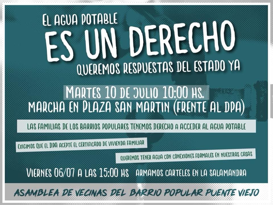 Vecinos del barrio Puente Viejo reclamarán en el DPA para que le conecten formalmente el agua