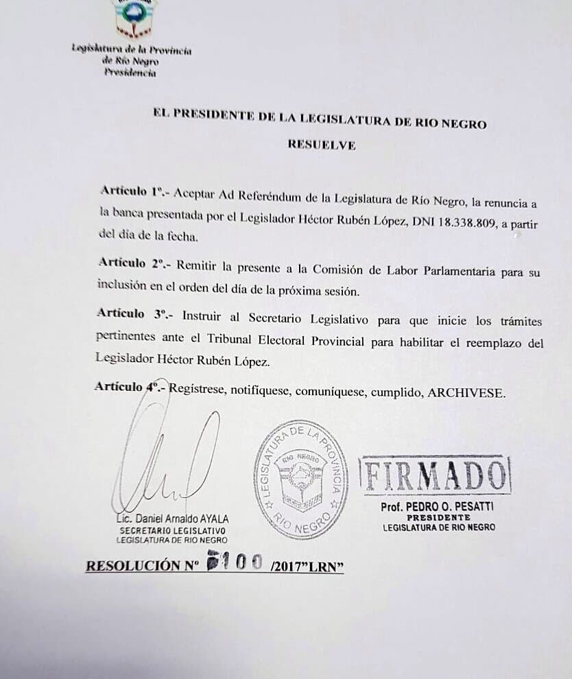 Se aceptó la renuncia de López por parte del Vicegobernador